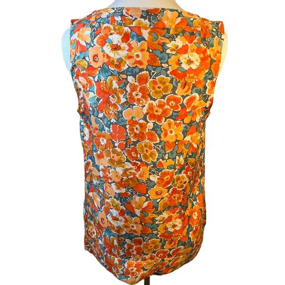 J Crew Womens Sz 0 Orange‎ Floral Wrap Front Tie Neck Silk Sleeveless Blouse - Picture 5 of 11